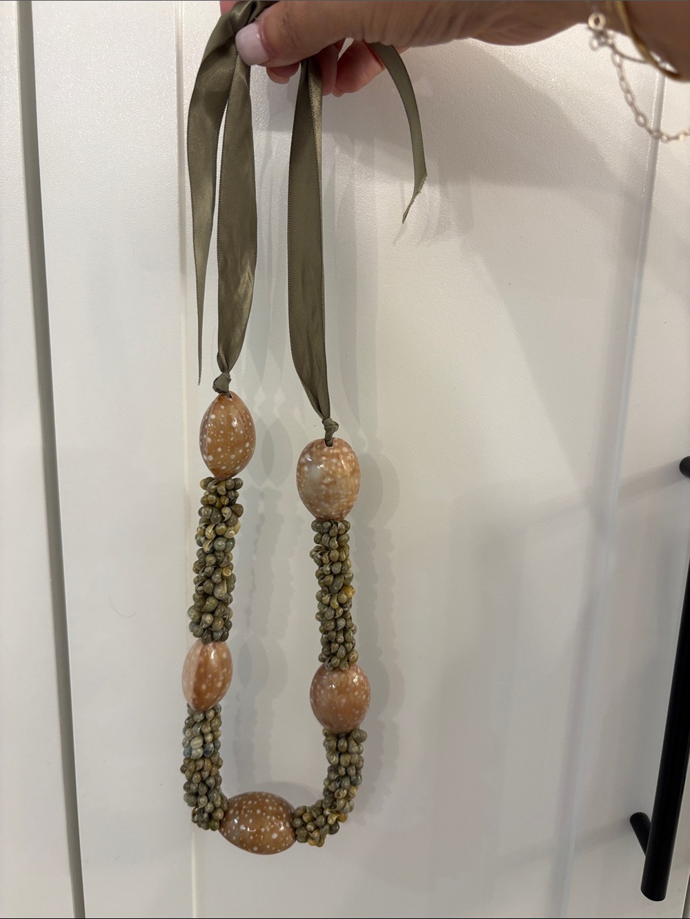 Handmade Olive Green and Tan Seashell Statement Necklace